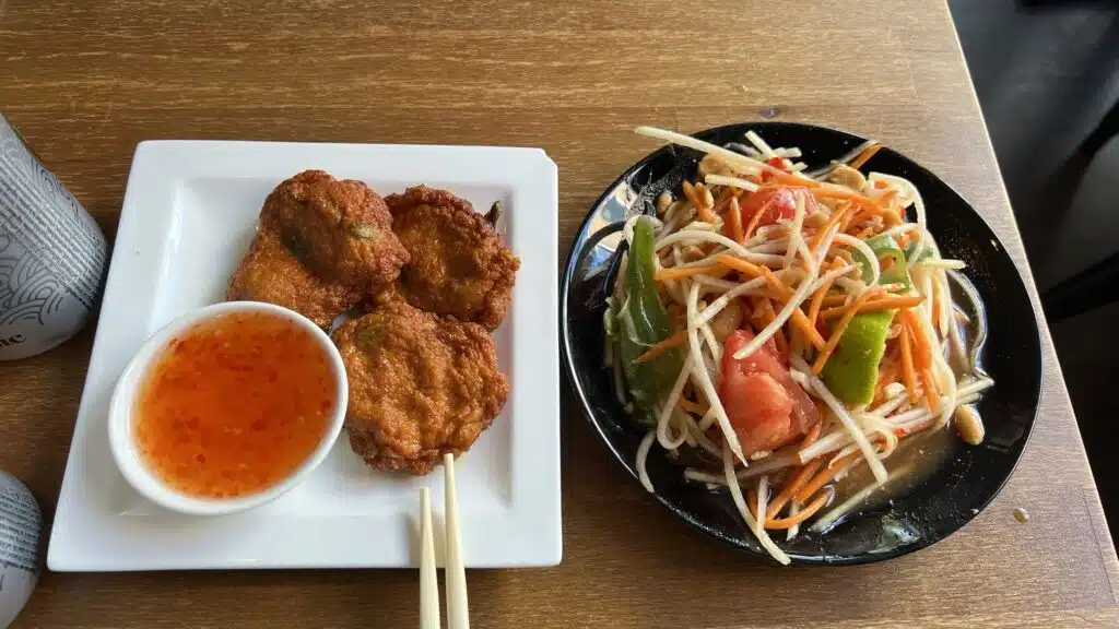 Thai fish cakes with sweet chilli sauce and green papaya salad (som tam) at The Street Food Bar, Amersfoort